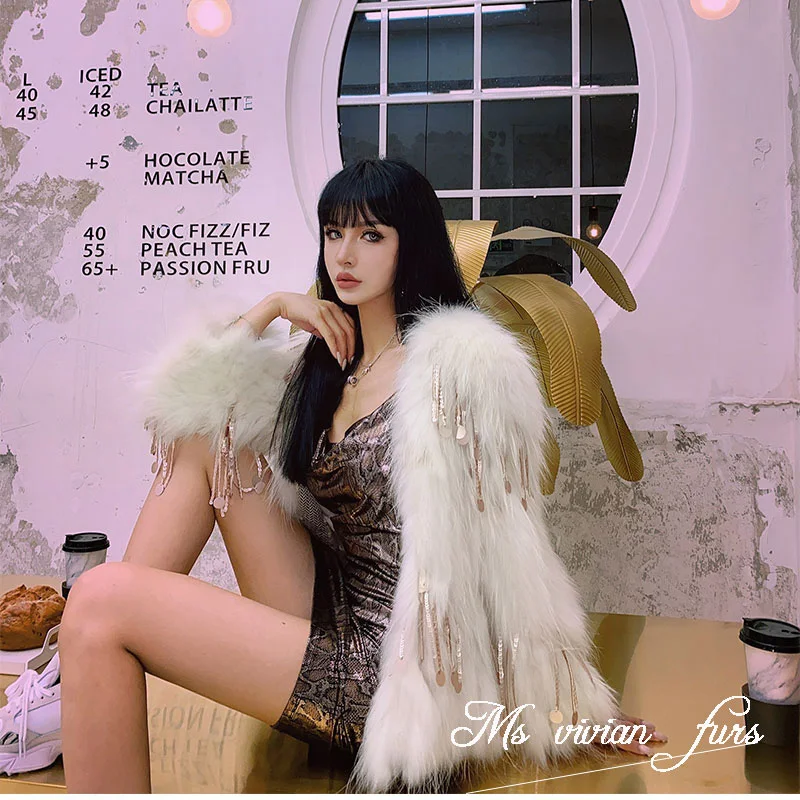 RosEvans Ins Elegant Real Import Raccoon Woven Fur Jacket Female Women Coat and Jackets 2020 New Fox Fur Sequins Tassel High End