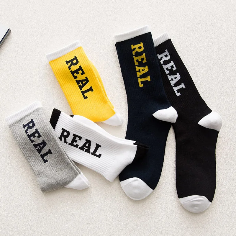 

CHAOZHU Men's Skateboard Cotton REAL Socks Yellow Black White Streetwear Fashion Boys Male Autumn Winter Stretch Sox Sokking