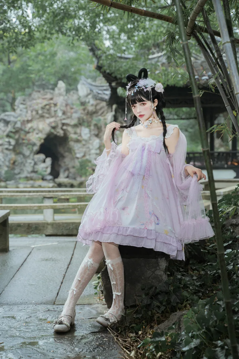 

Kawaii Girls Lolita Jsk Dress Summer Y2K Japanese Cute Bow Lace Vintage Spaghetti Sling Printed Dress Tube Top Suspender Dress