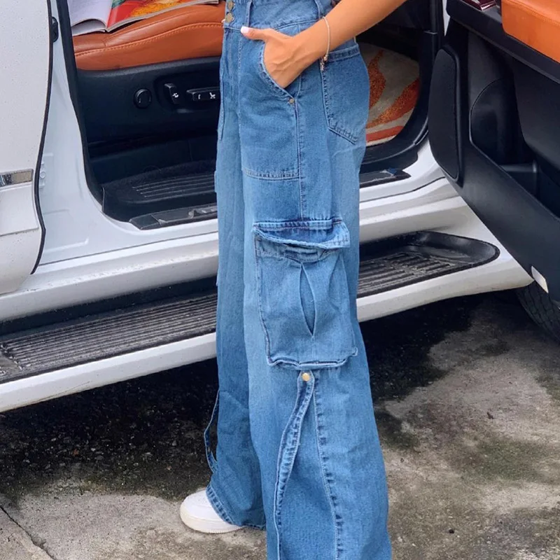 

Streetwear Retro Style Blue Color Women's Jeans Pants with Big Pocket Ribbon Double Button Jeans Woman 2021