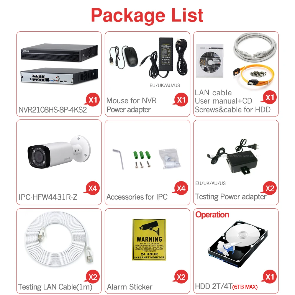Dahua, 4 МП, 8+ 4 камеры видеонаблюдения, комплекты, NVR, NVR2108HS-8P-4KS2, ip-камера, IPC-HFW4431R-Z, мотор, зум, система наблюдения