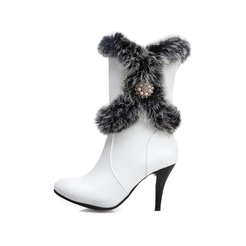 Boots Women Autumn Winter Ankle Modern Rabbit Hair Pu Spike Heels Super High Heel Round Toe Zip White New Fashion 2021 | Обувь