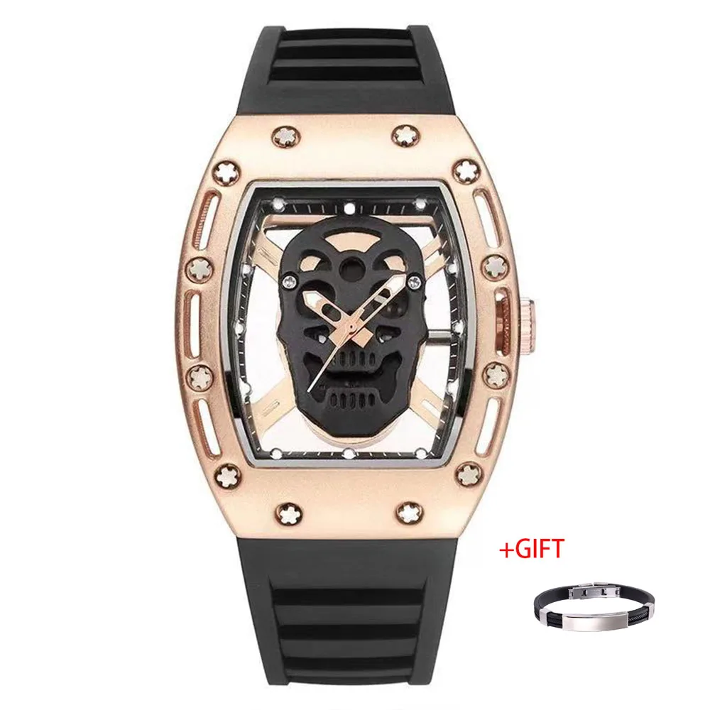 Модные часы Tonneau со скелетом мужские полые водонепроницаемые с черепом Мужские