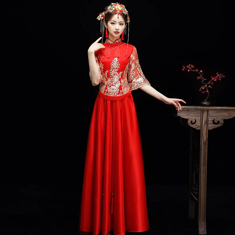 Высококачественное традиционное китайское свадебное платье с вышивкой