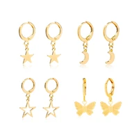 1 pair gold color copper moon star butterfly charms drop earrings for women brass round hooks girls party gift earrings jewelry