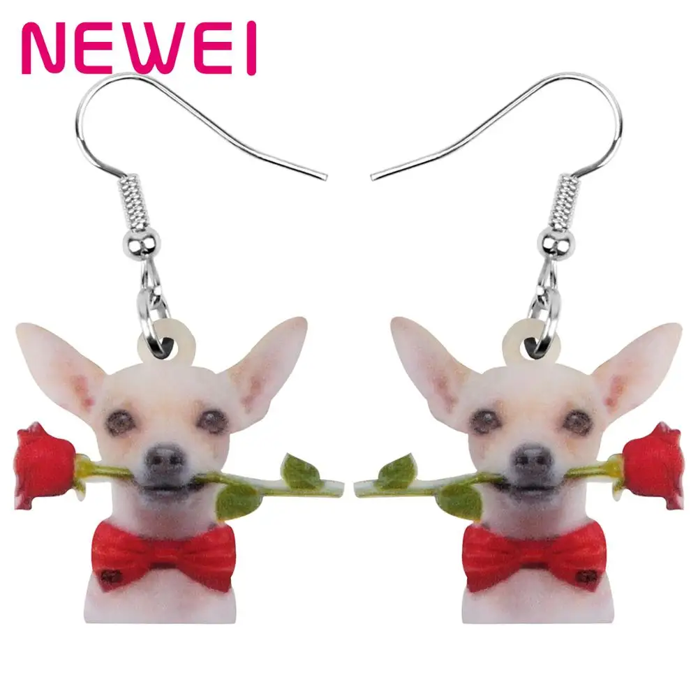 

NEWEI Acrylic Valentine's Day Rose Bow-knot Chihuahua Dog Earrings Animal Drop Dangle Jewelry For Women Girl Teen Kid Charm Gift