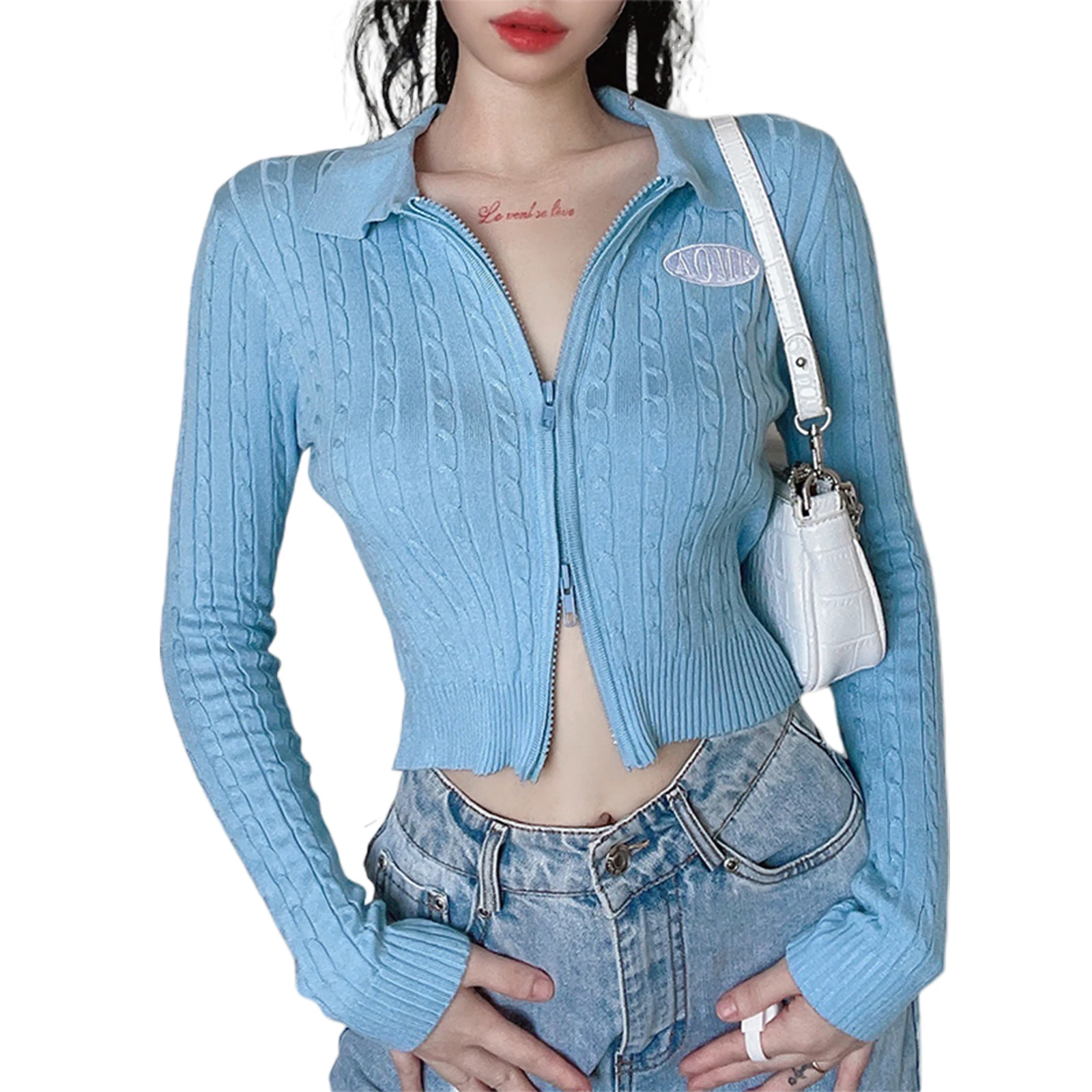 

Короткий свитер IMCUTE, женский Кардиган с длинным рукавом, отложным воротником и двойной молнией, облегающая вязаная футболка с вышивкой букв...