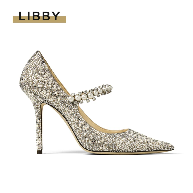 Красивые бежевые свадебные туфли на каблуке с жемчугом Вечерние для невесты