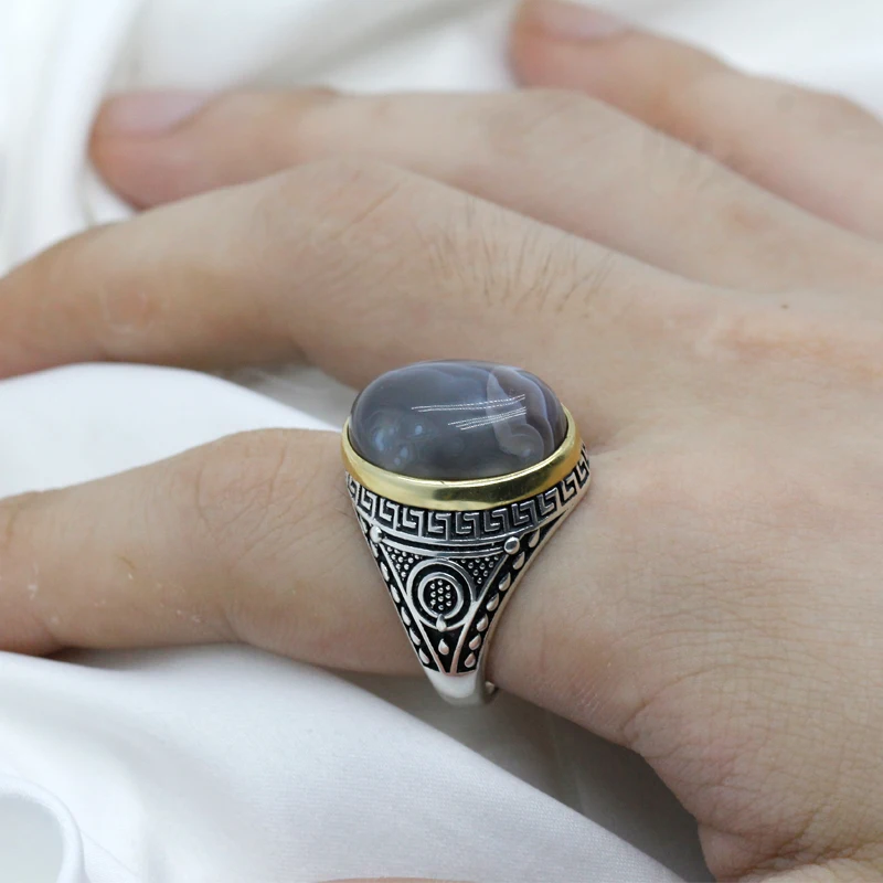 Мужское кольцо с агатом для мужа подарок 925 пробы серебро овального кольца из