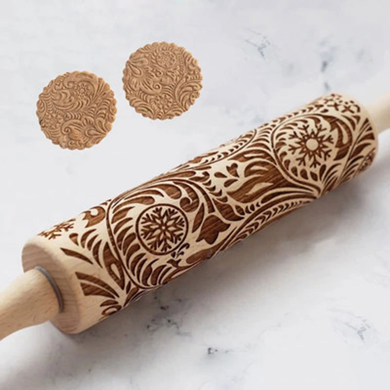

2021 New Leaf Wooden Rolling Pin Embossing Baking Cookies Noodle Biscuit Fondant Cake Dough Patterned Roller Snowflake