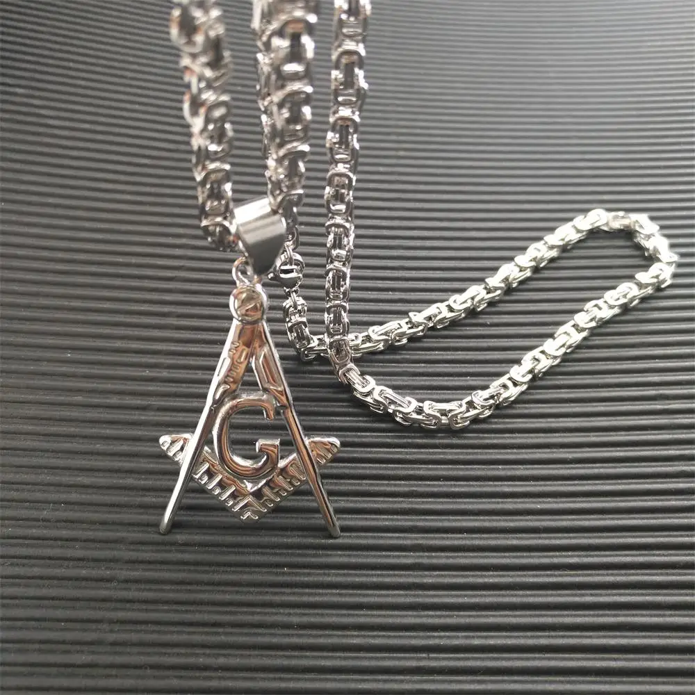 

Freemasonry Masonic Mason Pendant Necklace Mens Boys Stainless Steel Silver Byzantine Chain 4mm band width