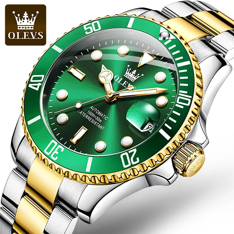 Мужские Водонепроницаемые механические часы OLEVS зеленые