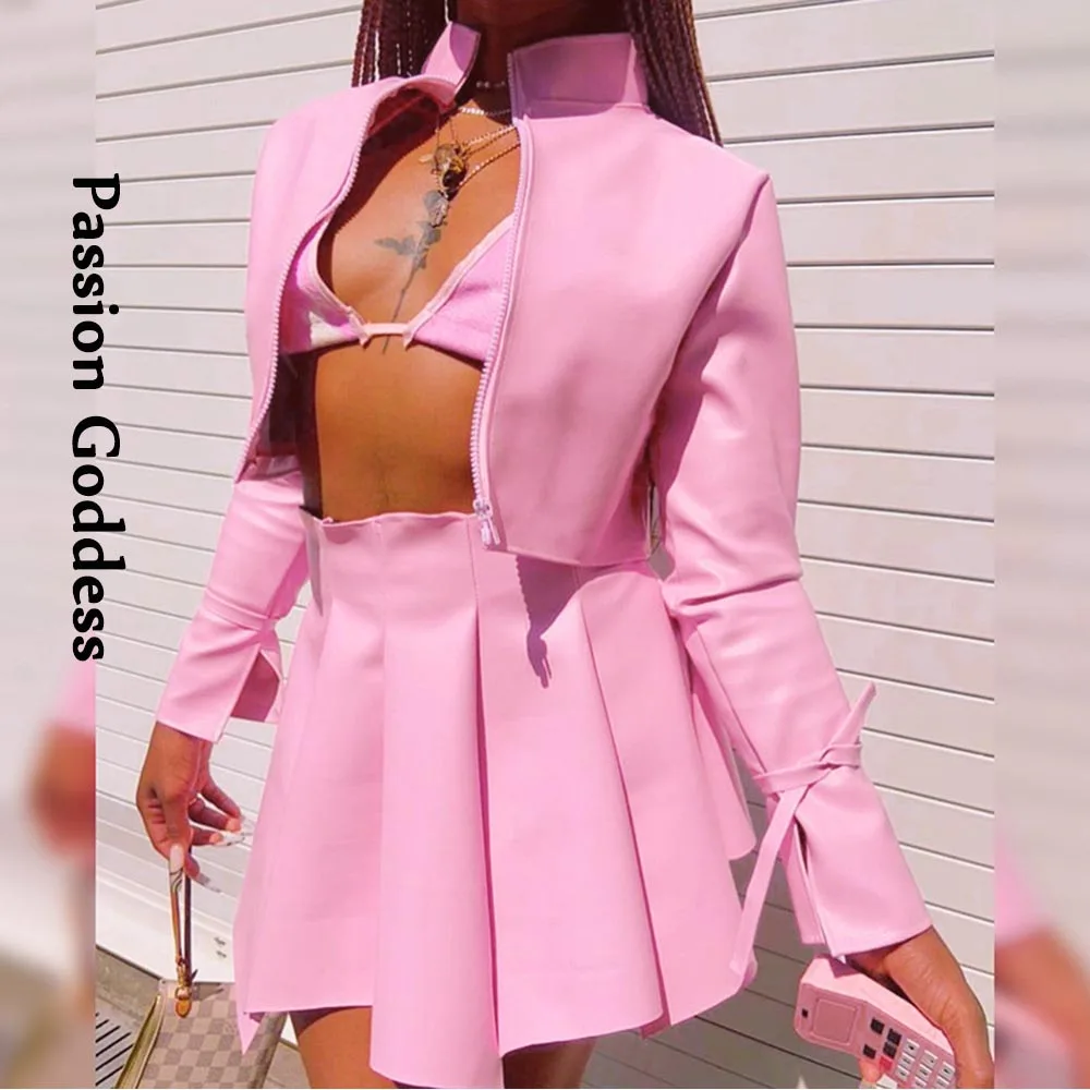 

Women 2 Piece PU Jackets Sexy Leather Skirts Sets Bandage Sleeve Zipper Jacket Pleated Skirt Faux Leather Two Piece Pink Outfits