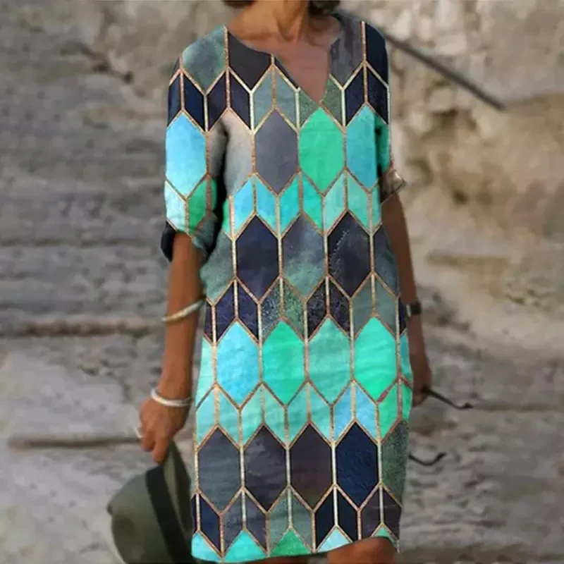 

Women Elegant Geometric Print Midi Dress Summer Vintage Half Sleeve V Neck Silm Dress Lady Boho A-line Plus Size Beach Dresses