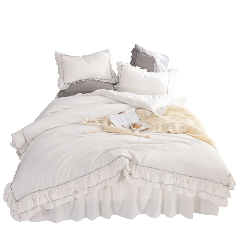 

Romantic Pink Ruffle Princess Bedding Sets Cotton 4pcs Solid Color Bed set Girls Wedding Duvet cover Bed skirt Linen Pillowcases