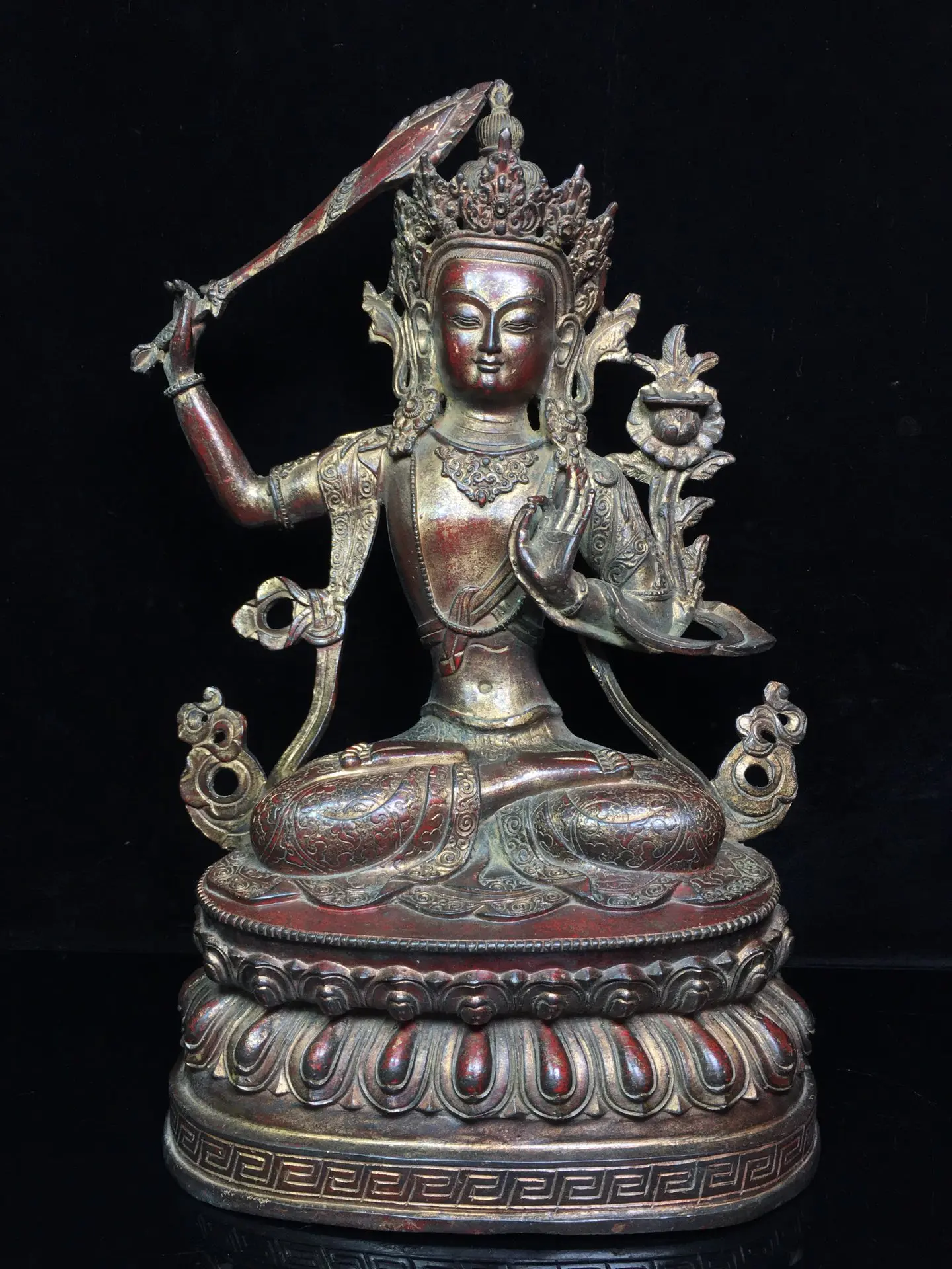 

15"Chinese Folk Collection Old Bronze Cinnabar Lacquer Manjushri Guanyin Lotus Terrace Sitting Buddha Ornaments Town House