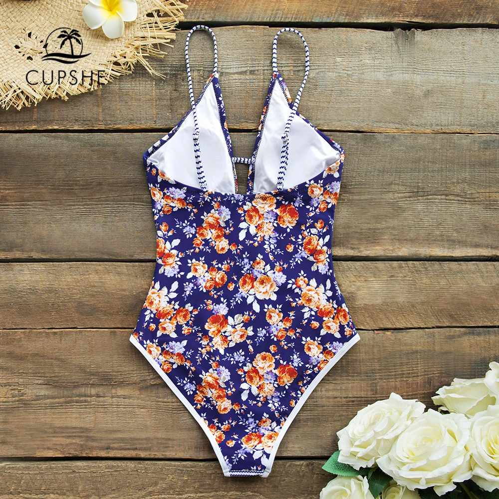 CUPSHE/цельные купальники с темно-синим принтом и глубоким v-образным вырезом