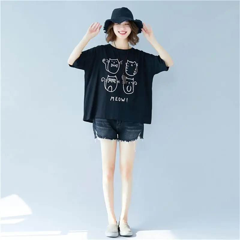 2020 летняя Корейская Хлопковая женская футболка с рисунком кошки милая белая