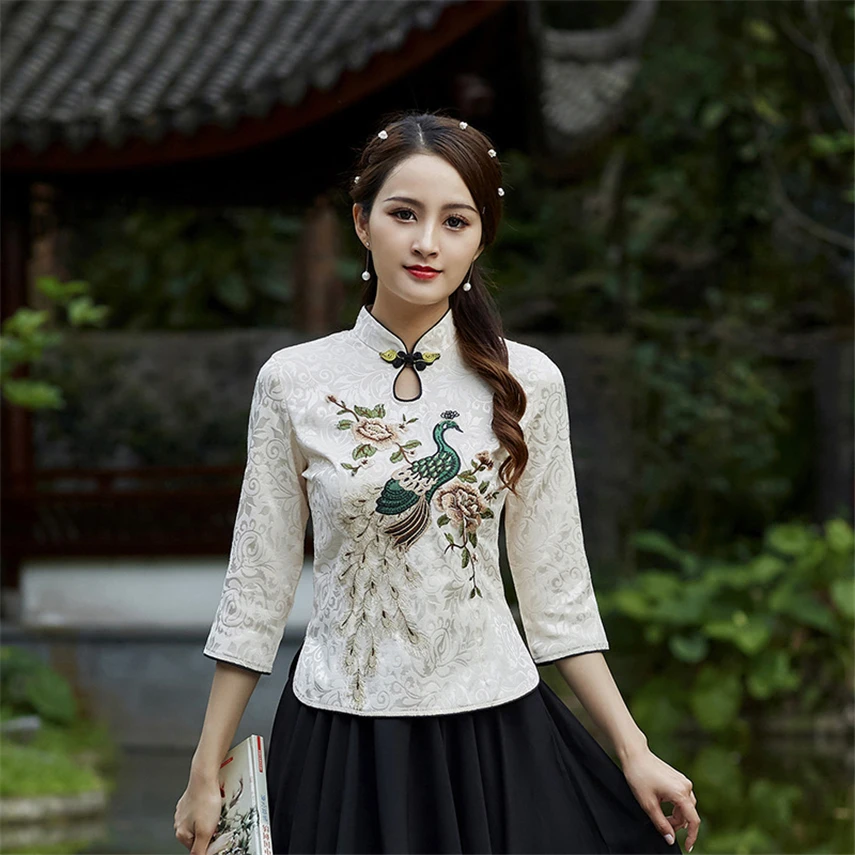 Традиционные китайские топы женский ретро костюм Тан с рукавом три четверти