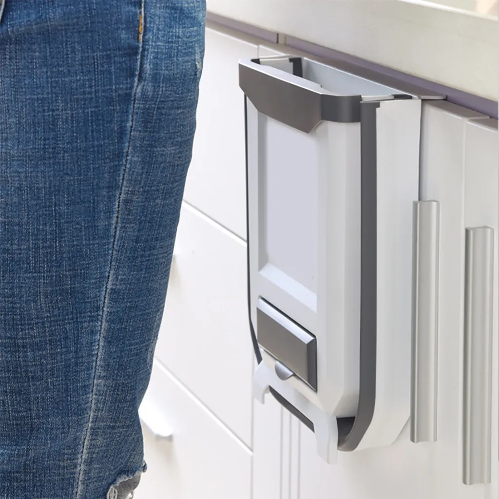 

Wall Mounted Folding Waste Bin Kitchen Hanging Trash Bin Small Compact Foldable Garbage Can Attached to Cabinet Storage Box