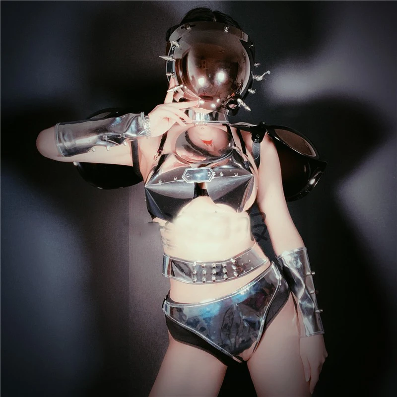 

Nightclub Bar Silver Mirror Future Technology Sexy Bikini GoGo Costume Female Singer DS Jazz Dance Costume Stage Costume DWY3997