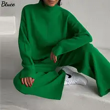Ensemble 2 pièces tricoté pour femme, pantalon décontracté, couleur unie, manches longues, jambes larges, mode automne hiver 2021