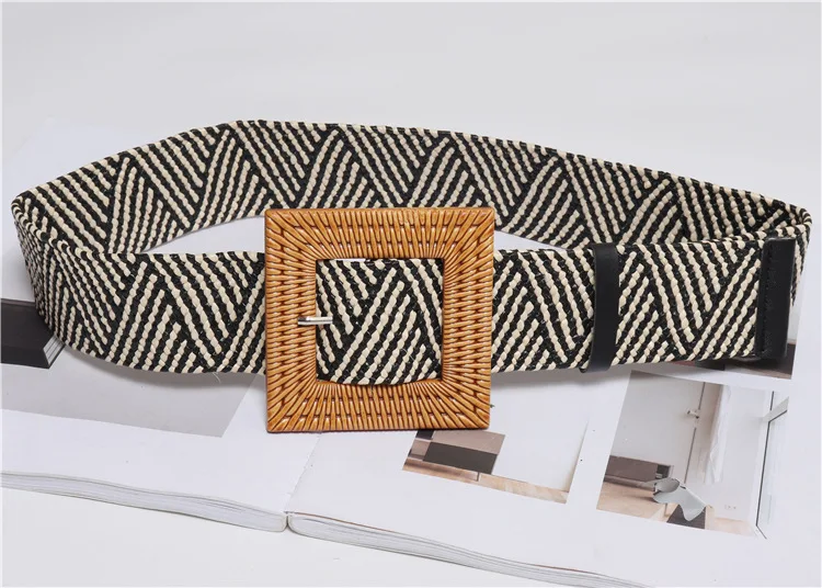 Fasion Casual Women Elastic Wood Square Straw Buckle Waist Braided Woven Belt | Аксессуары для одежды