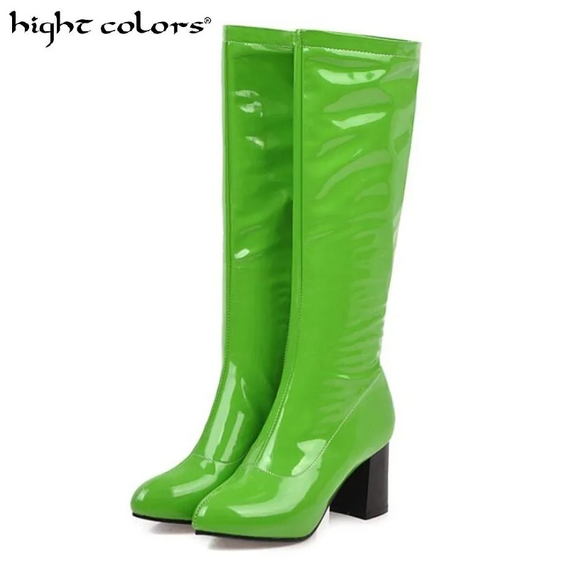 Модные женские сапоги до колена из искусственной кожи пикантные блестящие
