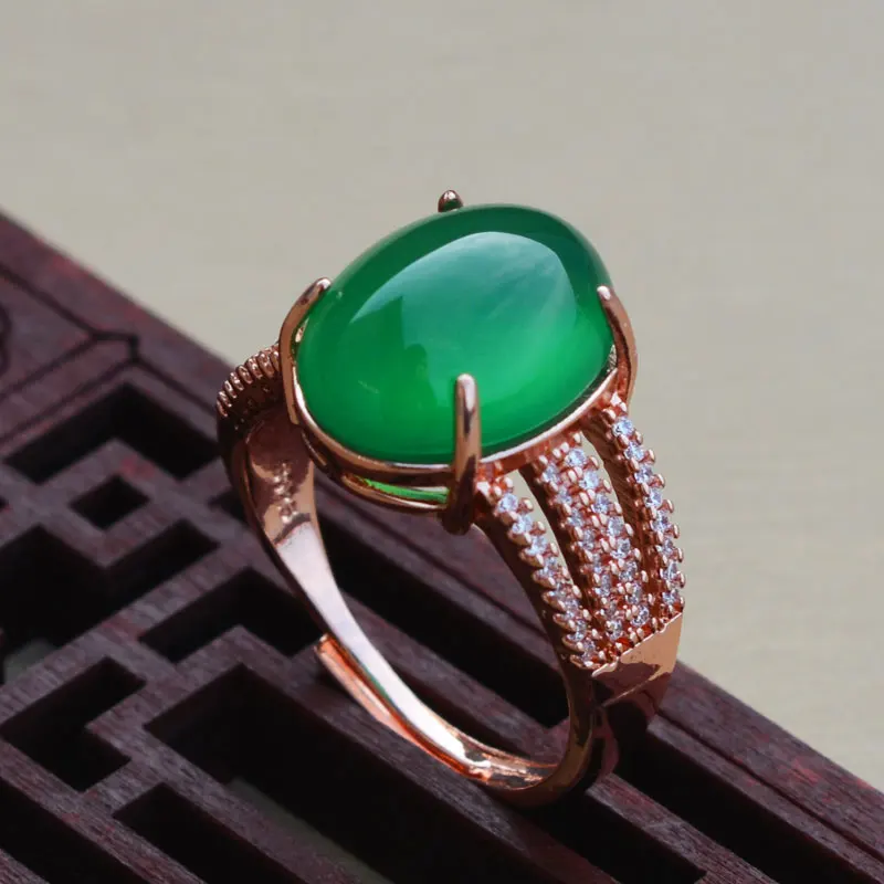 

Women S925 Agate Ring Green Chalcedony Egg Rings Gold Plated Inlaid zircon Circle Rings Gift for Female Fine Jewelry