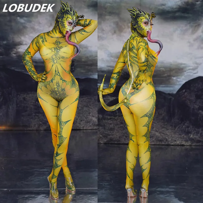 Halloween Animal Cosplay Costume Lady Nightclub Role Playing Lizard Pattern Printing Jumpsuit Club Party Show Jumpsuits |
