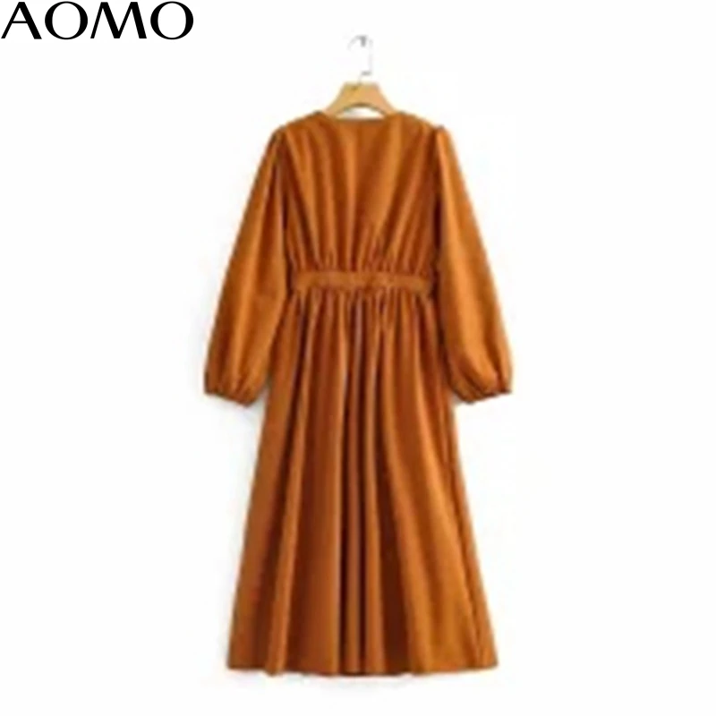 

AOMO fashion women solid elegant A-line dress 2020 French Style Long Sleeve Ladies midi Dress with bow AI12A