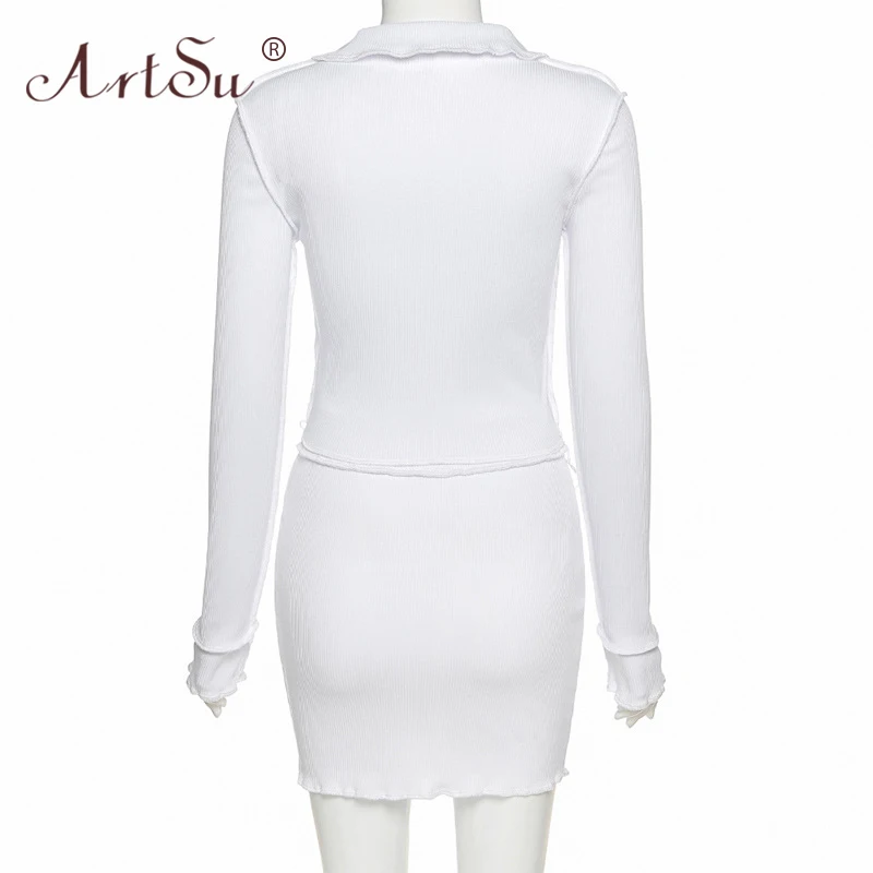 

ArtSu Woman's Patchwork Knitting Outfits Club V-Neck Crop Tops And Mini Skirt 2 Piece Set Ribbed Bodycon Sexy Autumn Suit