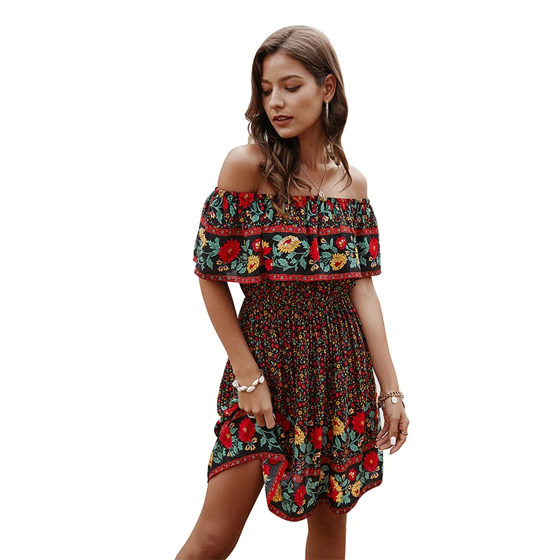 

Summer Women Printed Floral Strapless Sexy Dress Casual Loose High Waist Sleeveless Slash Neck Ladies Holiday Party Beach Dre