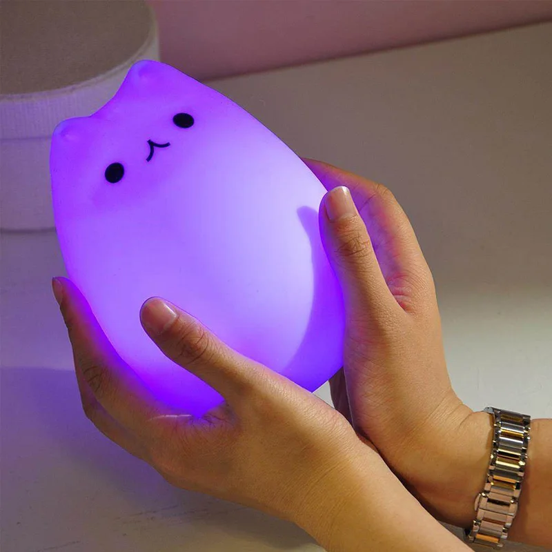 

Popular Cartoon Cat LED 7 Colors Night Light Cute Animal Baby Kids Lamp Soft Silicone Table Lamp With USB Rechargeable