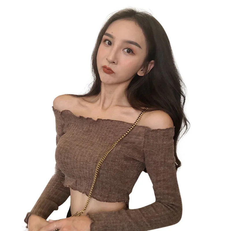 

Sexy one-line collar top women short off-shoulder slim top women long sleeves European and American women's solid color