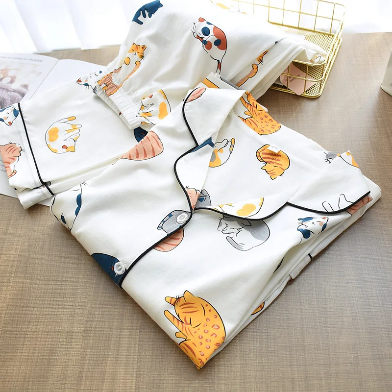 

100% Cotton Pajamas For Women 2021 Cute Cat Print Cartoon Home Clothes 2Pcs Set Sleepwear Female Tops+Pants Nighties Pijama Suit