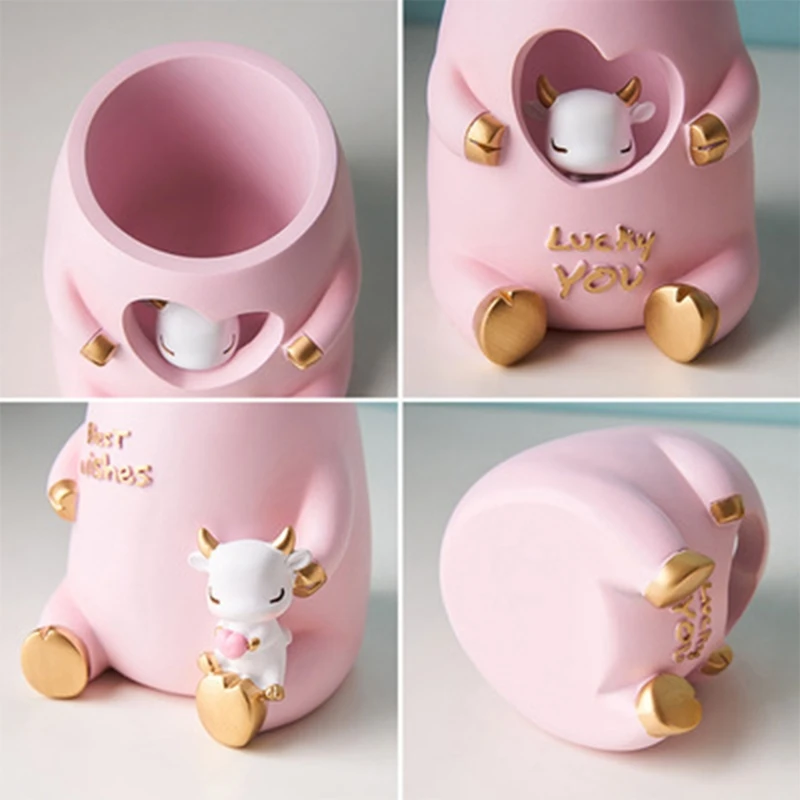 

Resin Craft Pen Holder Cute Animal Cow Office Desk Pencil Organizer Decoration