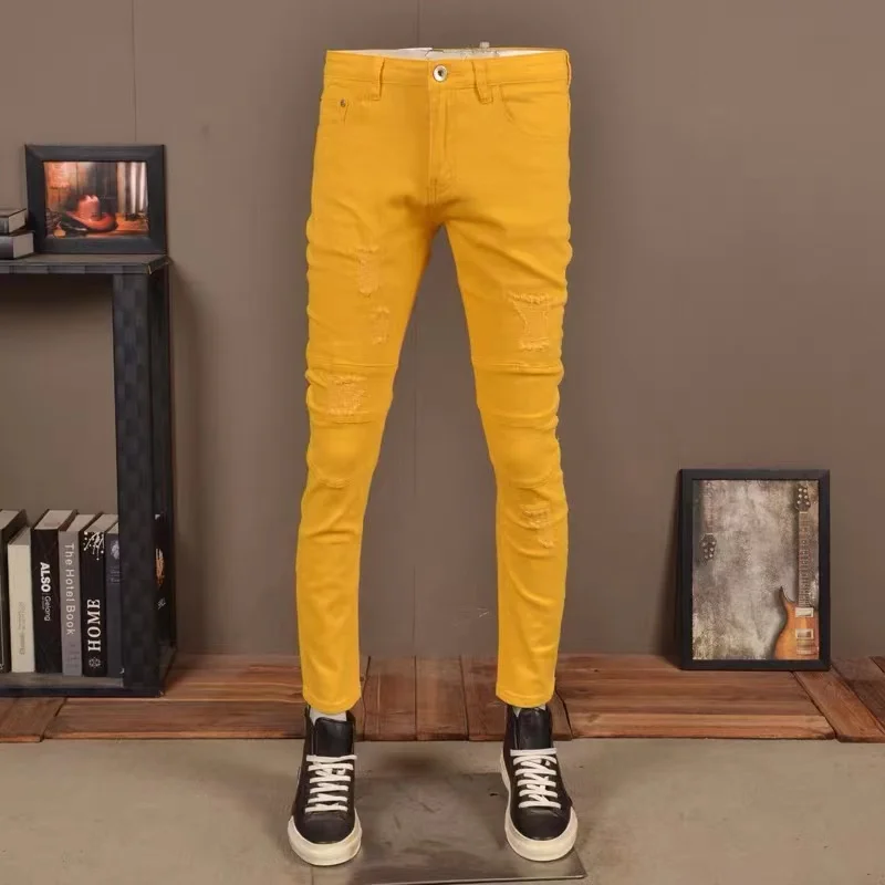 

New summer men's fashion solid color thin hole stitching jeans men's elastic slim small feet