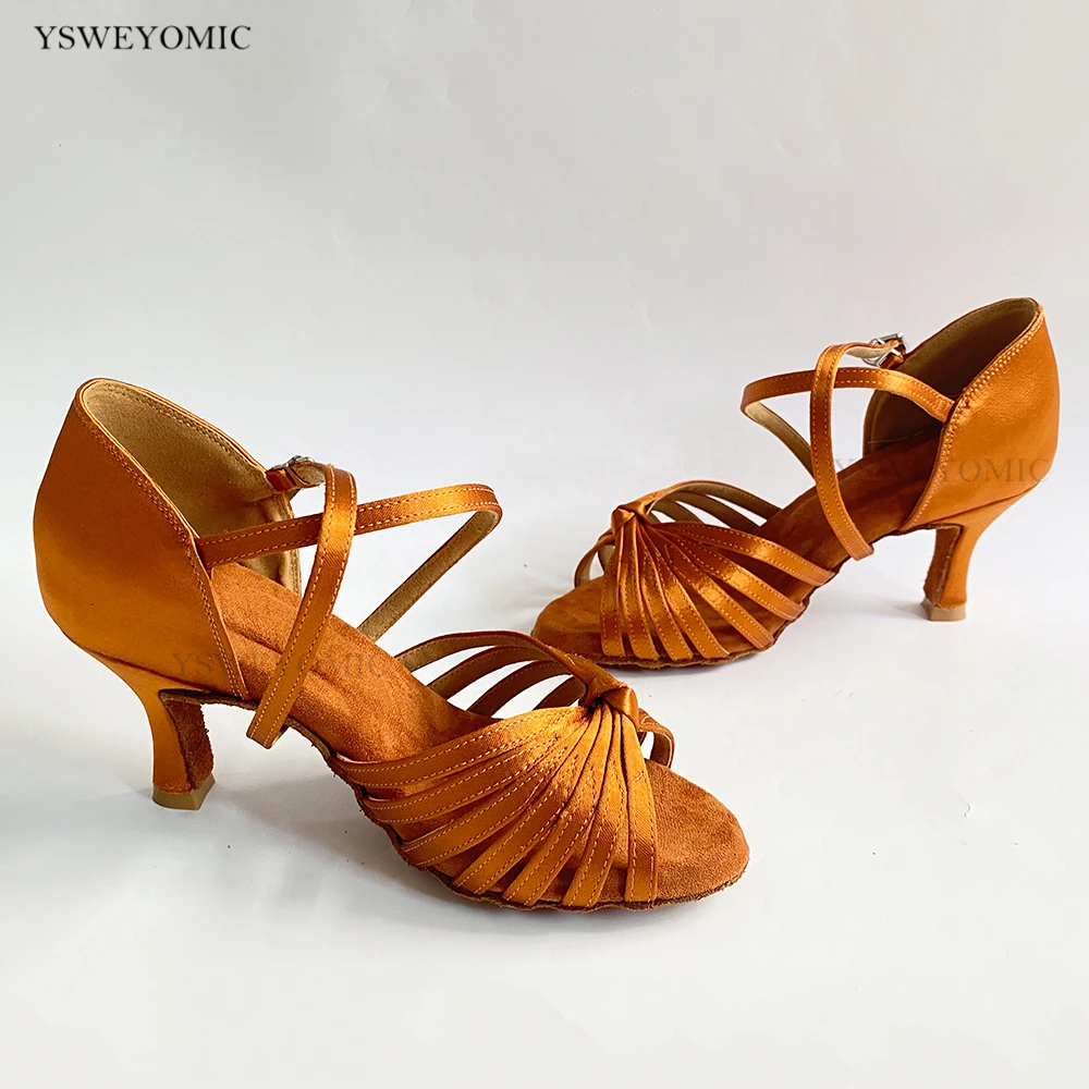 Classcial Style Bronze Satin Latin Dance Shoes 2021 Ballroom Salsa Suede Outsole Flexible 5-10cm heel Dance Shoes For Women