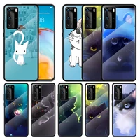cute cat cartoon for huawei p smart 2021 2020 z p40 p30 p20 p10 lite nova 5i 2019 pro plus tempered glass phone case