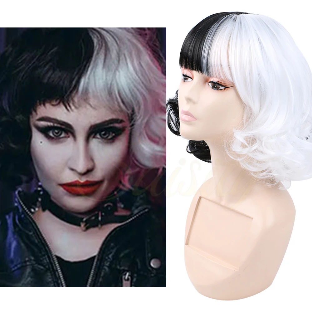 

Парик для косплея Saisity CRUELLA De Vil, белые получерные синтетические короткие волнистые парики с челкой для женщин, термостойкие натуральные вол...