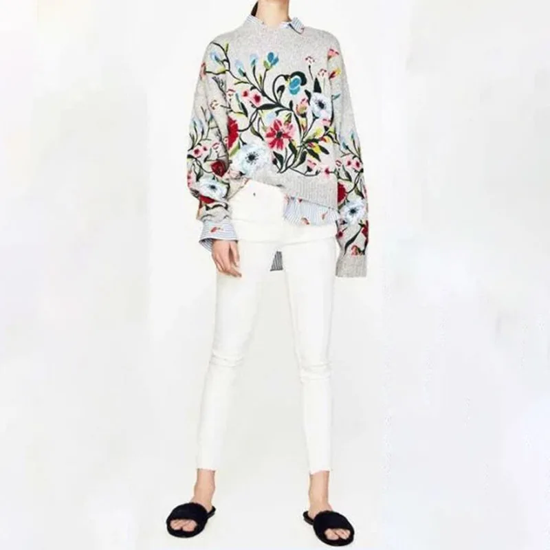 

2020 Ladies Retro Art Knitted Pullover Round Neck Long Sleeve Warm Wild Embroidery Sweater