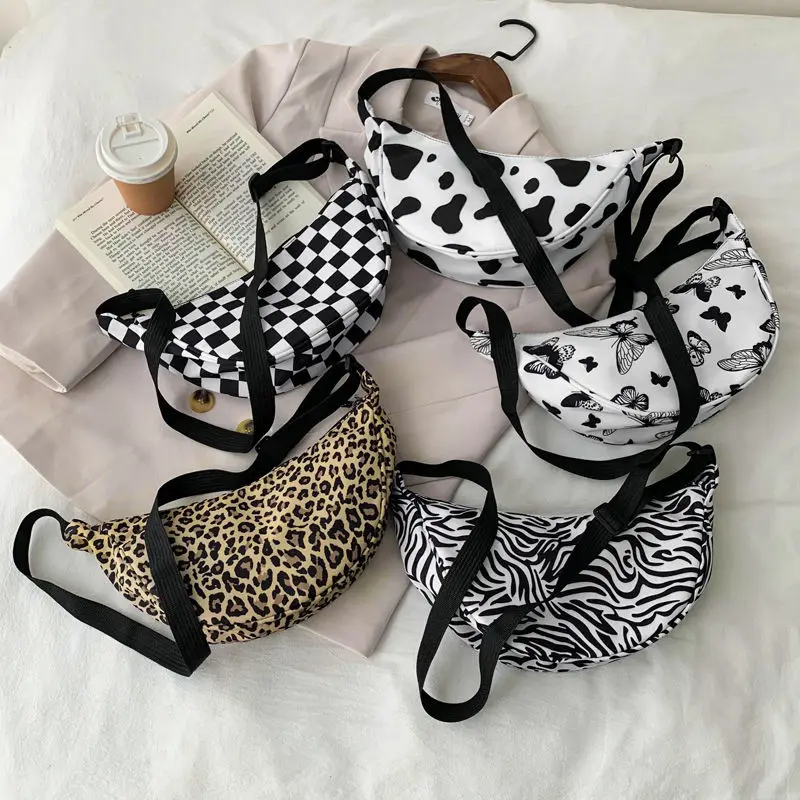 

Women Canvas Shoulder Messenger Bag Zebra Leopard Cow Butterfly Plaid Print Dumpling Bag Canvas Handbag