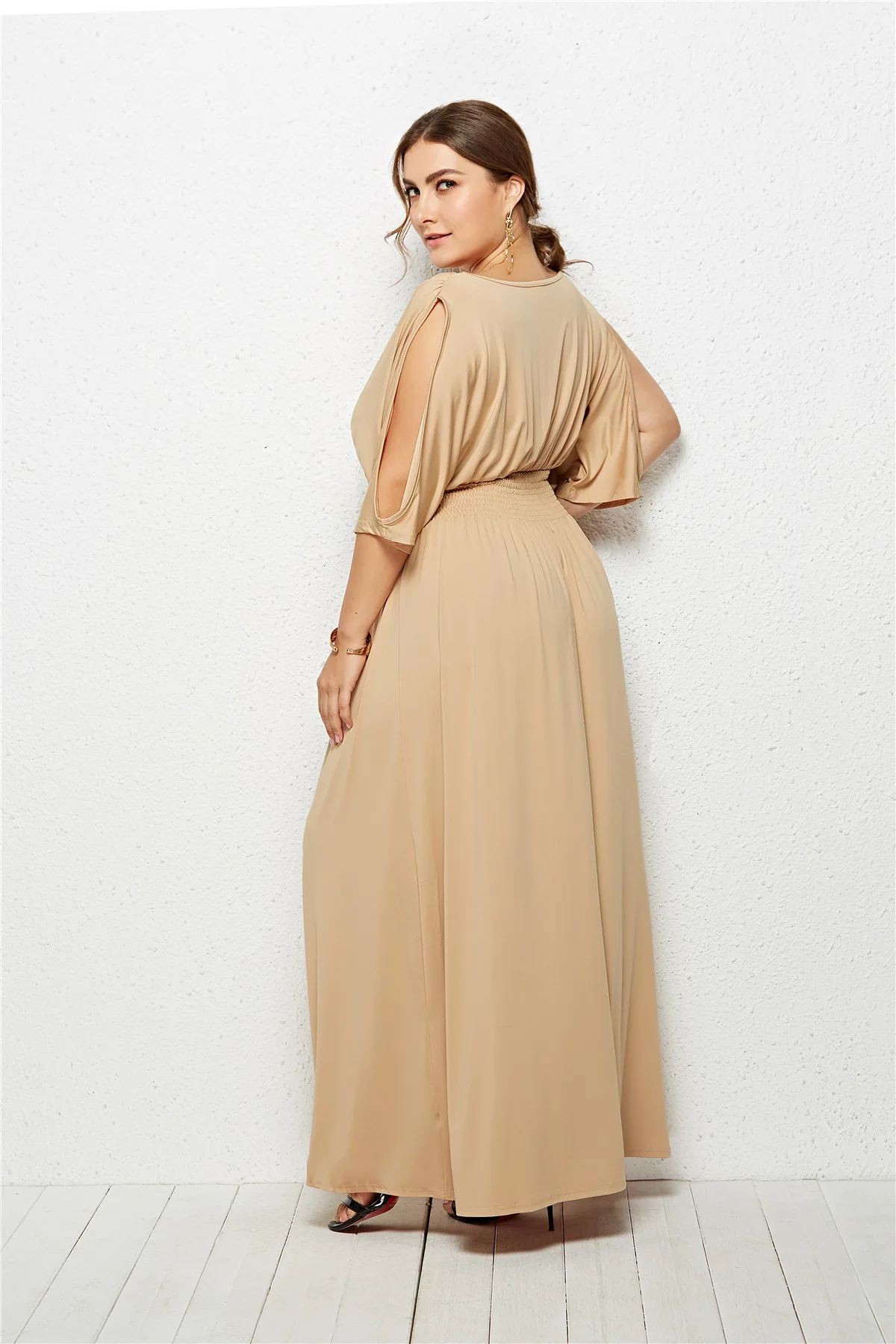 Fashion Plus Size Women Long Dress Smocking Stitch Waist Party Dresses Solid Slit Opening Sleeve Modern Woman |