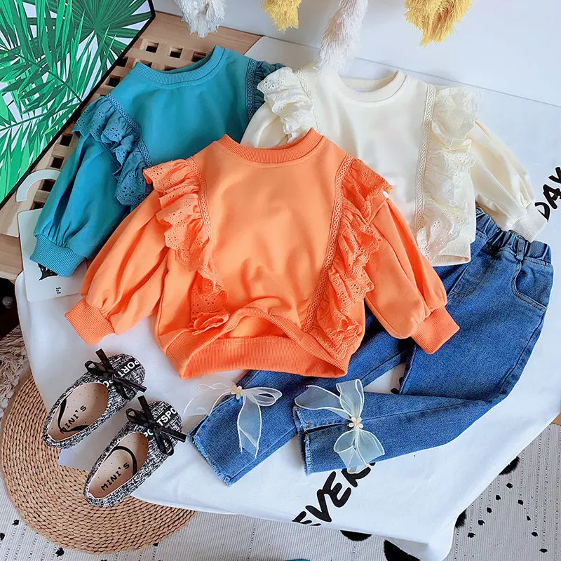 

2 3 4 5 6 Years Baby Girls Sweatshirts Fashion Korean Style Loose Lace Patchwork Hoodies for Girl Child Casual Tops Autumn 2020