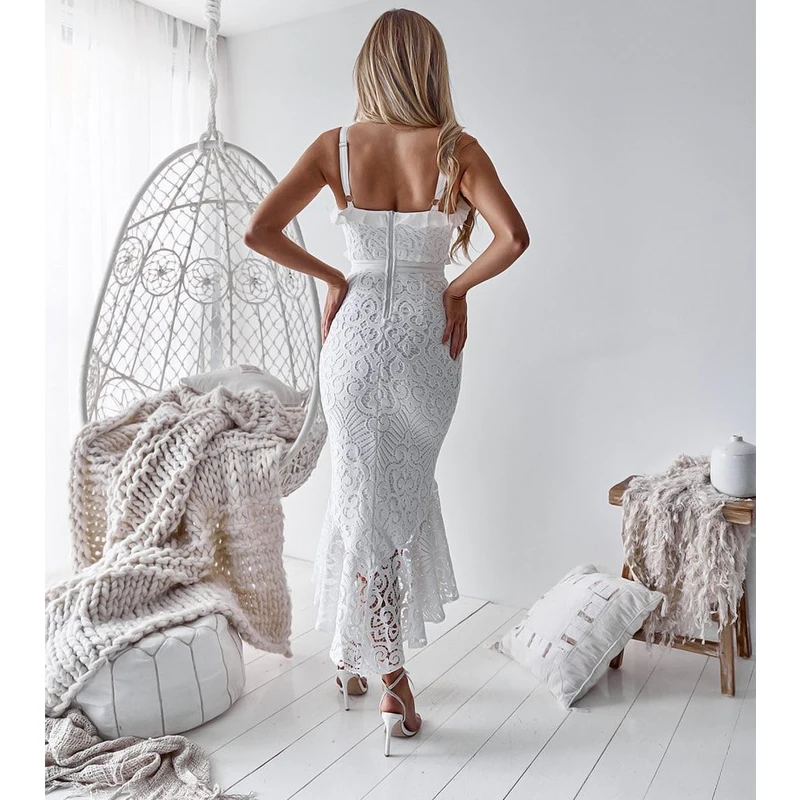 

Elegant Women White Lace Bodycon Dress Ladies Sleeveless Ruffle High Waist Dress Sexy V-neck Mermaid Dress for Party