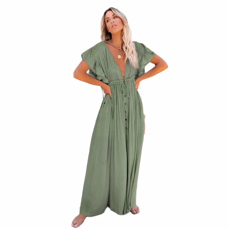 

Summer Beach Maxi Dress Women Pleated Drawstring High Waist Long Dress Solid Boho Casual V-Neck Sexy Party Dresses 2021