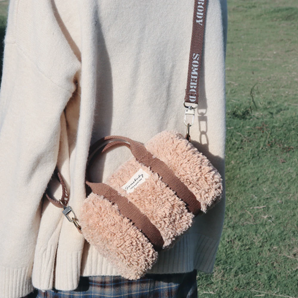 Winter Lambswool Handbag Designer Small Soft Plush Crossbody Bags for Women Fashion Wide Strap Women Shoulder Bag 2021 Mini Bag