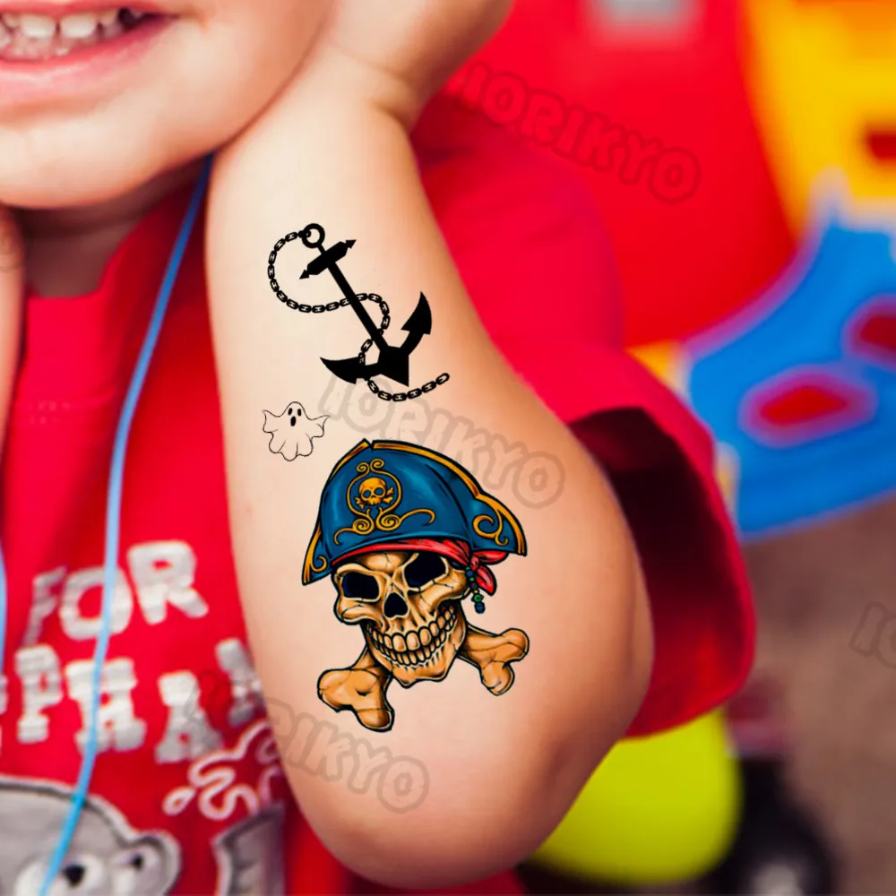 Death Skull Pirate Temporary Tattoo For Children Kids Face Men Boys Women Tattoos Sticker Fake Funny Tatoo Anchor Captain