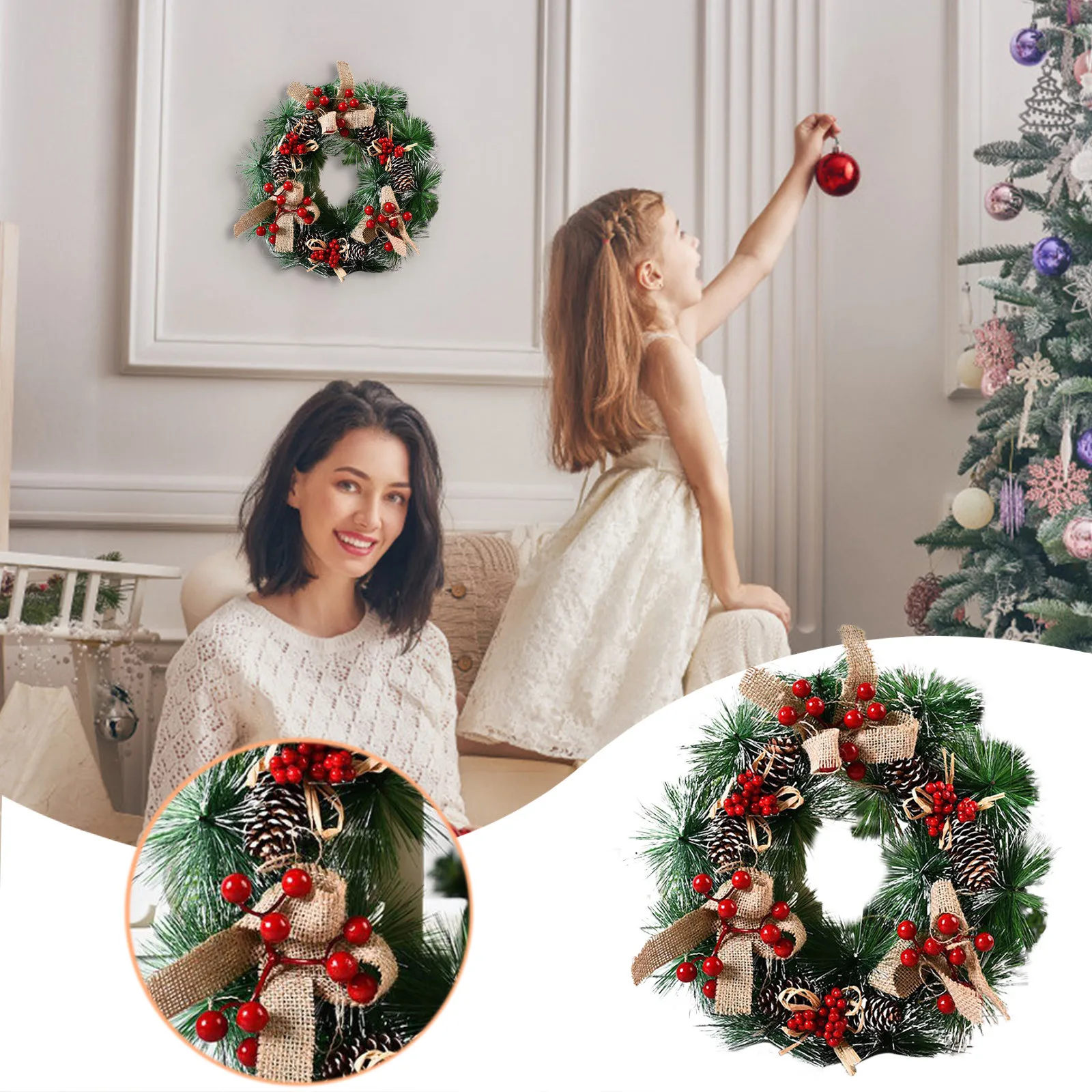 

2021 Brand New Holiday Christmas Teng Strip Venue Layout Props Wreath Ornaments Door Hanging Green And Red Beautiful Decoration